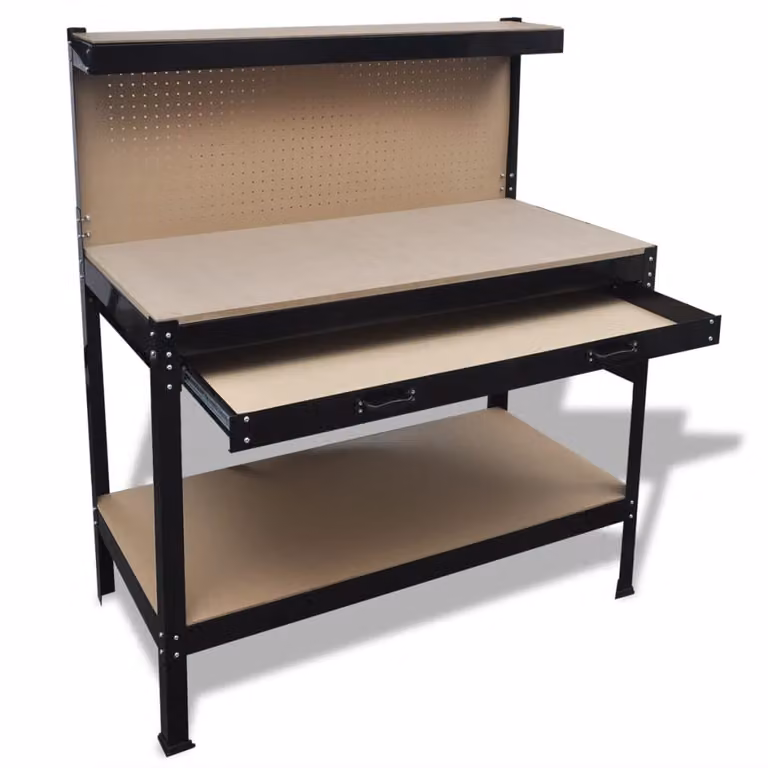 vidaXL Banco de trabajo con tablero perforado y cajón en marrón y negro con estructura de acero y madera An/P/Al: 140 x 55 x 115 cm