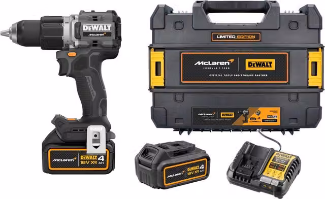 Taladro percutor a batería DeWalt 18V Brushless con 2 baterías Li-Ion 4Ah y maletín TSTAK en color amarillo DCD85MM2T-QW