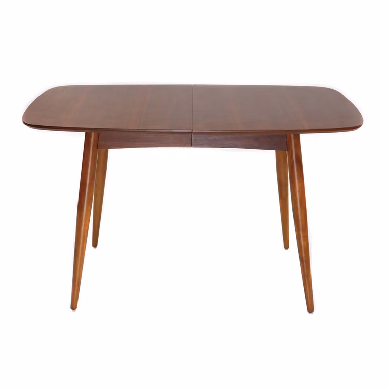 Mesa de comedor extensible NORDECO de estilo escandinavo en nogal natural y color marrón con acabado mate y bordes redondeados