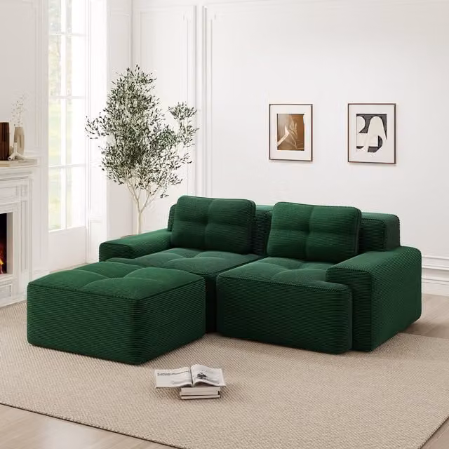 Sofá Modular Kellany en Forma de L con Otomana, Tapizado en Pana Verde, Diseño Moderno Reversible y Función de Sofá Cama para Dos Personas