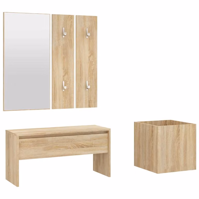 Juego de muebles de recibidor vidaXL de madera con banco, espejo y zapatero en color roble, beige y marrón. An/P/Al: 110 x 30,5 x 80 cm