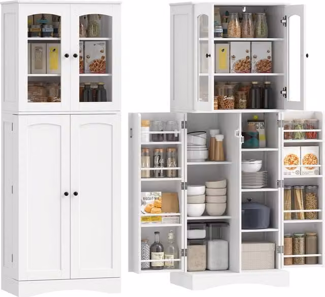 Armario despensa de cocina moderno HOMCOM en color blanco con puertas de cierre suave y estantes internos, An/P/Al: 60 x 40 x 162 cm
