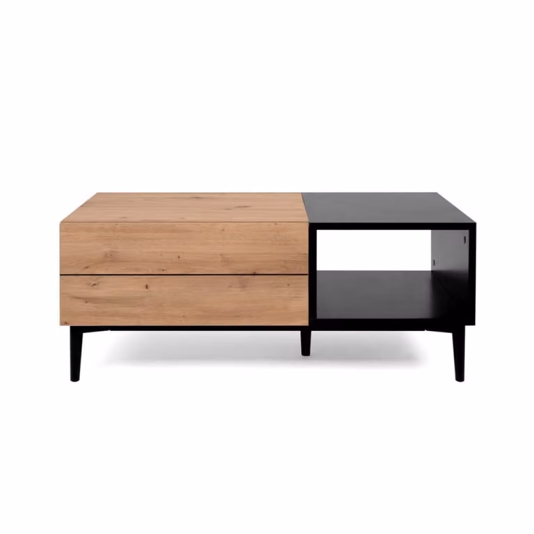 Mesa de centro rectangular Calicosy con un cajón en acabado roble y negro
