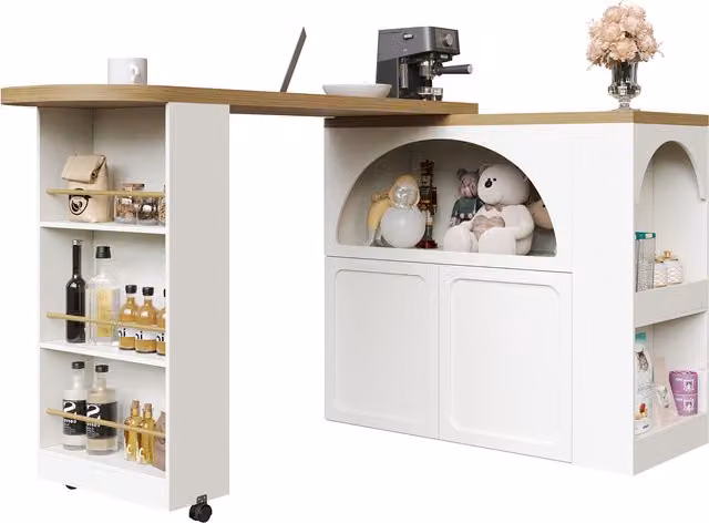 Mesa de bar extensible Stilvora con almacenaje y estantes ajustables, iluminación LED y puerto USB, diseño moderno en MDF blanco para cocina o salón, An/P/Al: 135-205 x 39 x 100 cm