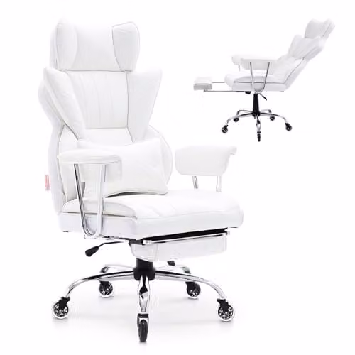Silla de oficina ejecutiva VEVOR en cuero sintético blanco con reposapiés, reposacabezas y soporte lumbar ajustable para hogar u oficina
