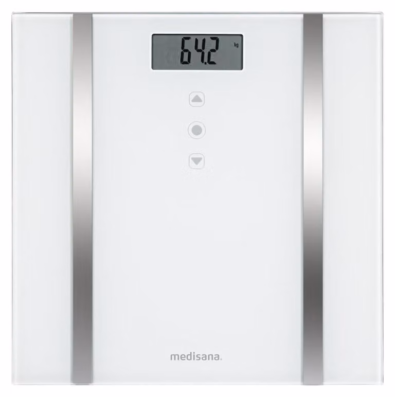 Báscula digital de análisis corporal Medisana BS 483 en blanco y plata con pantalla digital y capacidad de 180 kg