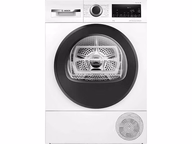 Secadora de carga frontal con bomba de calor Bosch de 9 kg, color blanco, con condensador autolimpiante y tambor reversible, clase C