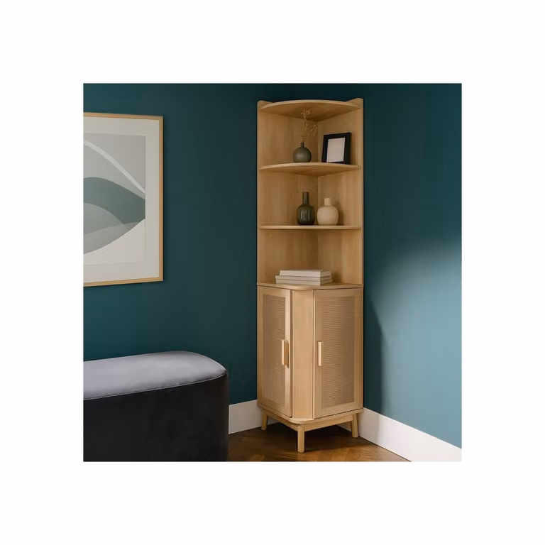 Armario esquinero moderno de madera y compuesto color beige con puertas batientes y estantes internos de BOX & BEYOND, An/P/Al: 40 x 40 x 172 cm