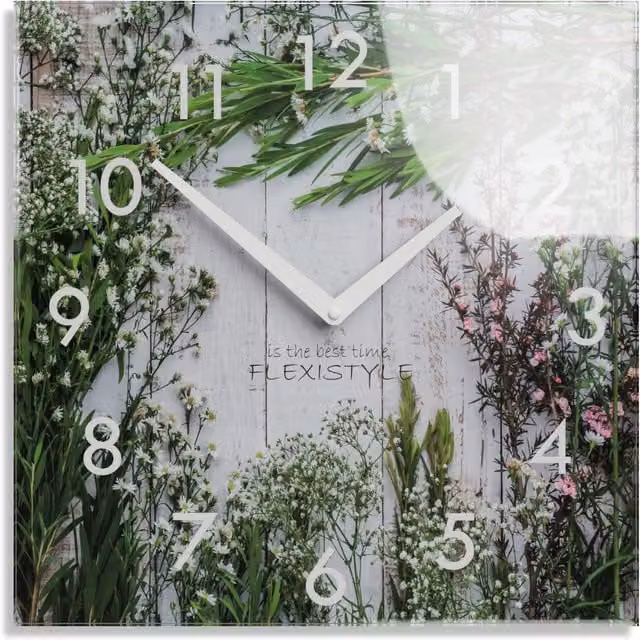 Reloj de pared analógico moderno Flexistyle con diseño floral de ramilletes en blanco, verde y multicolor, silencioso y de cristal, An/P/Al: 30 x 30 x 2 cm
