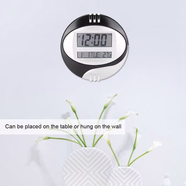 Reloj digital moderno con termómetro y fecha para mesa o pared, disponible en blanco o negro, An/P/Al: 26 x 4 cm