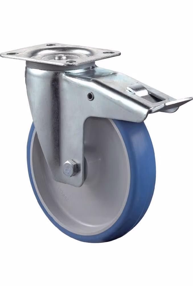 Rueda giratoria BS con freno total de poliuretano azul, capacidad de carga 125 kg, diámetro 100 mm, placa de montaje 104 x 80 mm - L420.B36.100