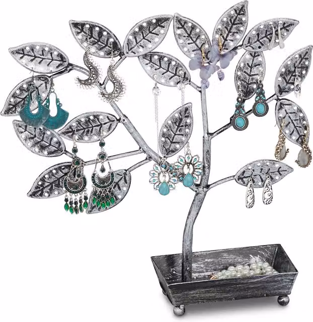 Árbol joyero con bandeja de metal para collares y 68 pares de pendientes de relaxdays, negro y plateado, An/P/Al: 31 x 31 x 8,5 cm