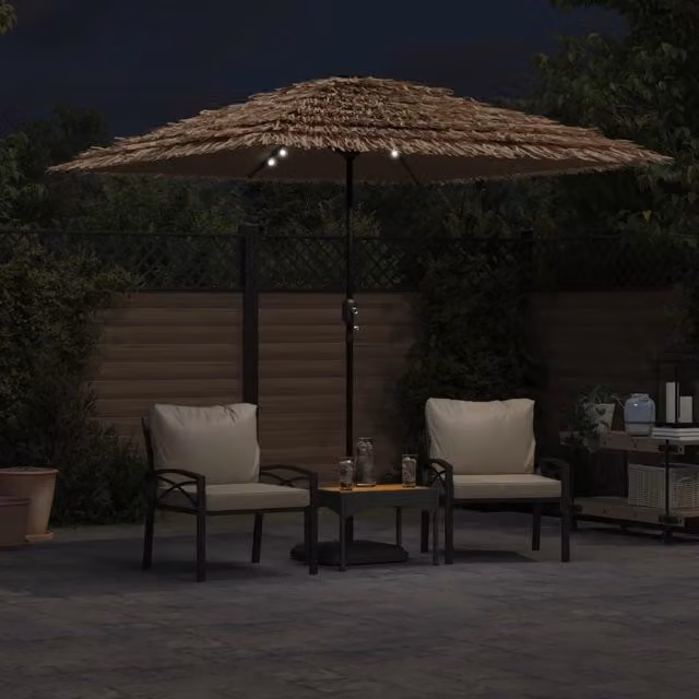 Sombrilla de jardín SYFAX con LEDs, estructura de acero y cubierta de poliéster en color marrón, An/P/Al: 248 x 248 x 248 cm