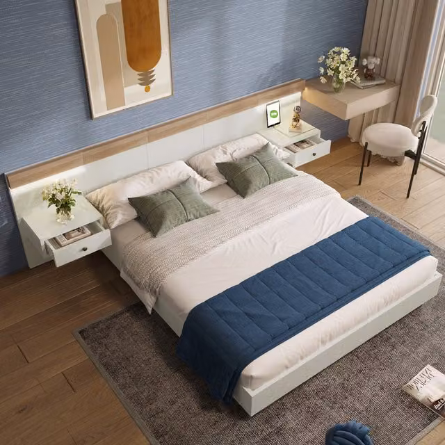 Cama Doble MODENVIE con 2 Mesitas de Noche, Luz LED y Puertos USB y Tipo C, Blanco y Roble, 160 x 200 cm