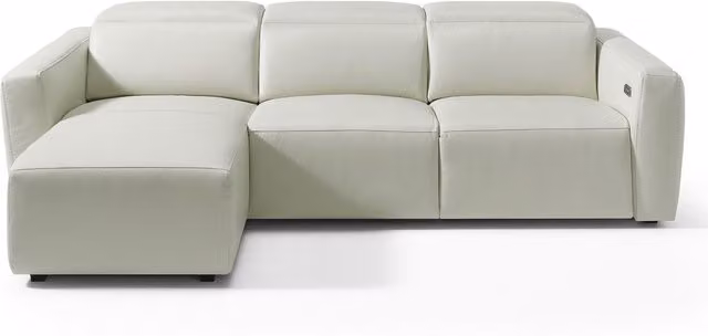 Sofá de piel Trento de El Corte Inglés de 5 plazas con chaiselongue izquierda y asiento relax eléctrico en color blanco