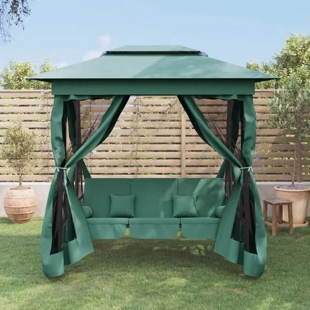 vidaXL Cenador de jardín convertible en banco columpio y cama con toldo y cojines, acero y tela, verde