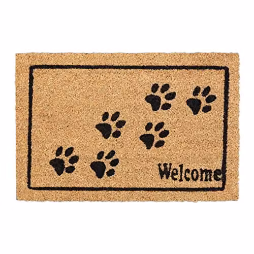 Felpudo de coco Relaxdays con diseño de huellas de mascota y mensaje Welcome, resistente a la intemperie y antideslizante, An/P: 60 x 40 cm, Marrón y Negro