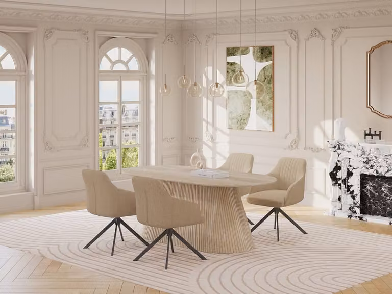 Mesa de comedor ovalada de mármol artificial efecto travertino beige Vente-Unique An/P/Al: 153 x 74 x 74 cm