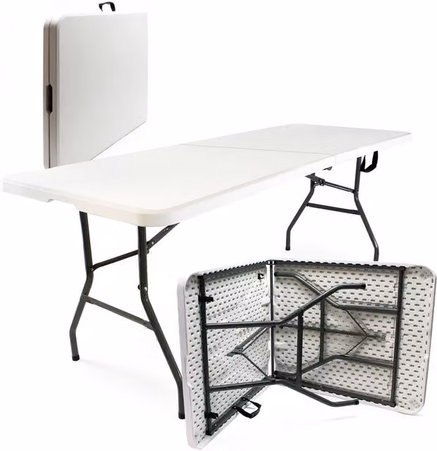 Mesa de camping plegable WilTec blanca de plástico resistente para jardín y exterior