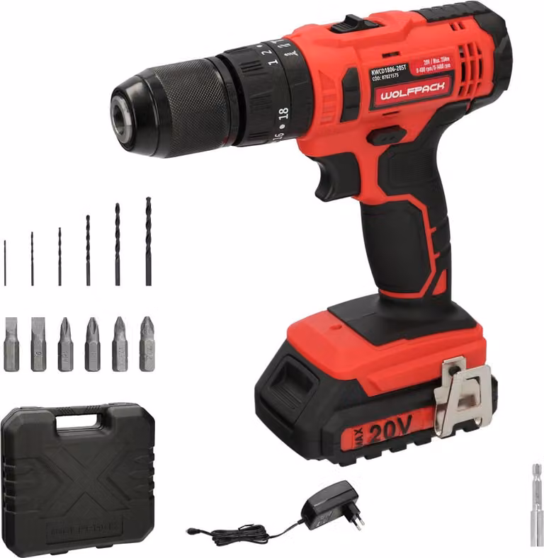 Taladro atornillador con percusión Wolfpack de 20 V con batería de 2 Ah y par de apriete de 35 Nm en color rojo