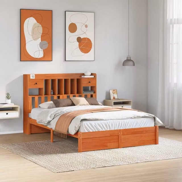 Marco de cama con estantería y cajón Maison Exclusive de madera de pino en color marrón cera, An/P/Al: 150 x 200 cm