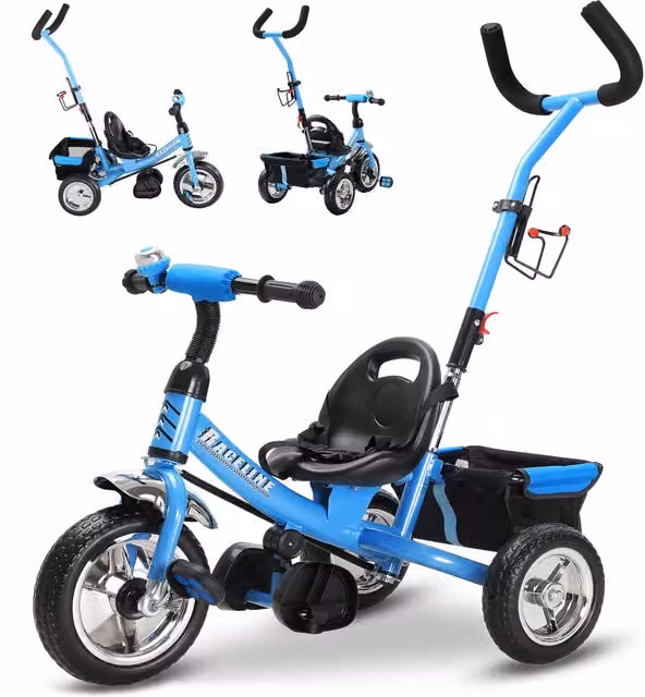 Triciclo evolutivo Spielwerk Raceline de metal y plástico con asa de control para padres en color azul