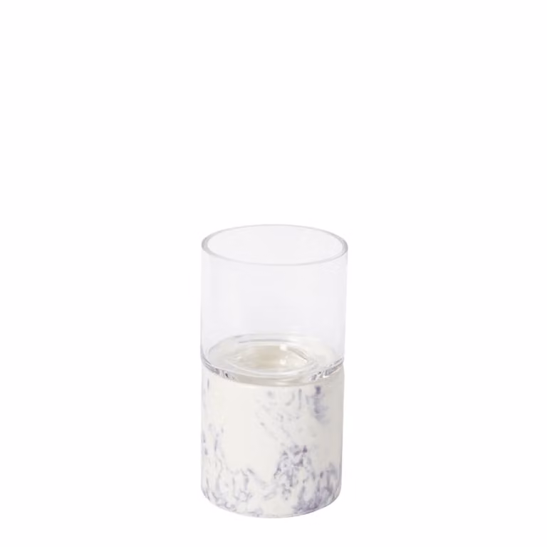Portavelas decorativo de mesa Sia Deco en cerámica y cristal con diseño abstracto redondo en blanco y morado para tealight, Altura: 18,5 cm