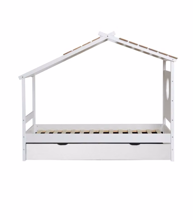 Cama cabaña con cama elevable MueMue para niños en madera de pino color blanco y beige de 90x190 cm