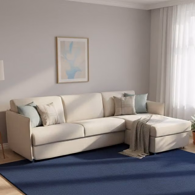 Sofá cama con chaiselongue DMORA beige, modelo moderno con fundas desenfundables y función de cama, An/P/Al: 260 x 160 cm