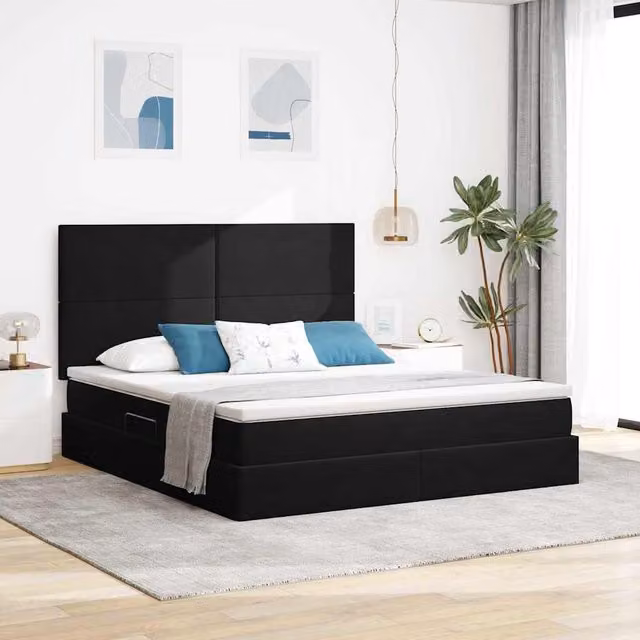 Cama con almacenamiento Maison Exclusive en terciopelo negro con colchón híbrido y puerto de carga USB An/P/Al: 180 x 200 x 280 cm