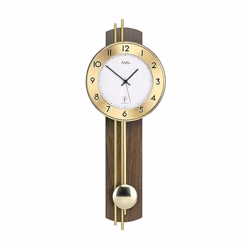 Reloj de péndulo analógico AMS con control por radio, madera de nogal y color marrón y blanco, An/P/Al: 22 x 62 x 8 cm