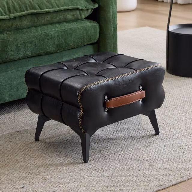 Taburete de entrada portátil HAUSS SPOLE con asa, asiento de piel sintética y patas de metal en color negro y marrón con estilo retro