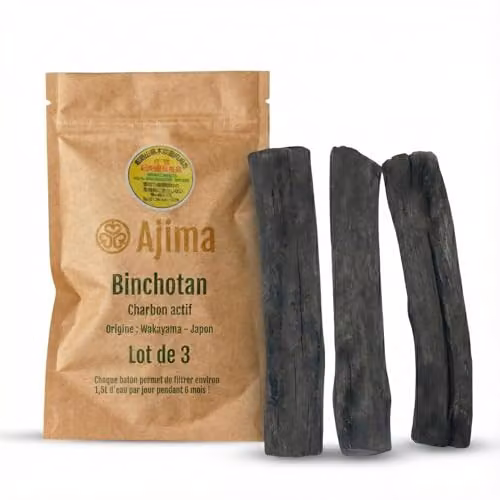 Ajima Binchotan Carbón Activo Orgánico para Purificar Agua, Pack de 3 Bastones, Capacidad de Filtración 1,5 l por Bastón, Color Negro