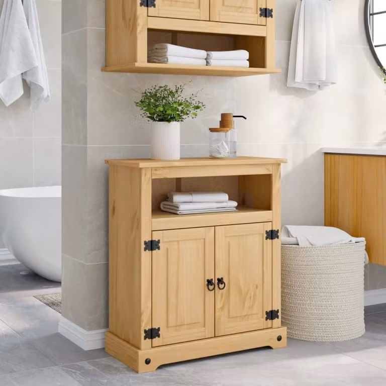 Armario de baño Prolenta de madera de pino rústica en color marrón, diseño de pared con puertas batientes y estantes internos, An: 70 cm, P: 33 cm, Al: 80 cm