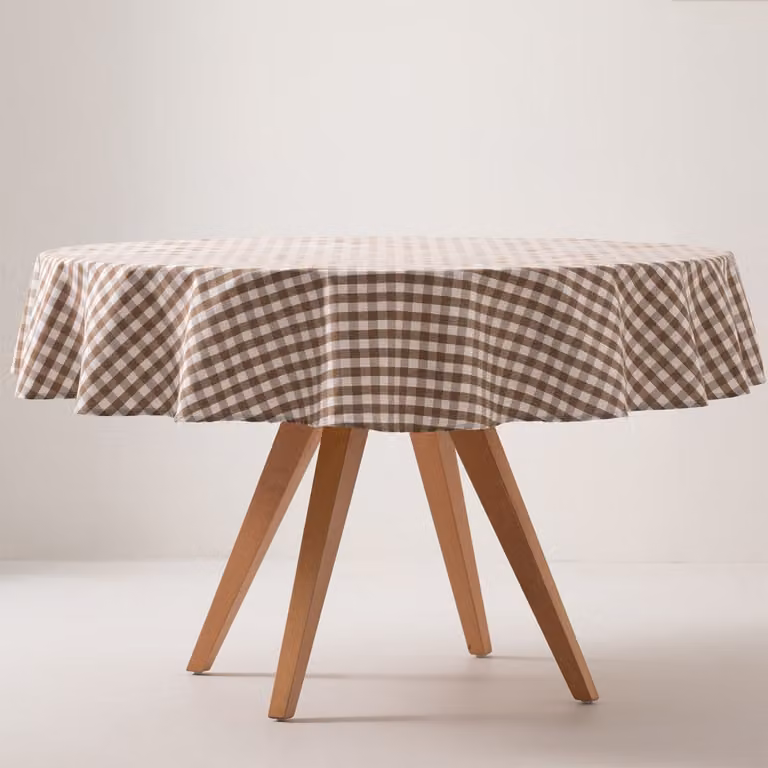 Mantel redondo GAMUSI con estampado de cuadros vichy, impermeable y antimanchas, color taupe, Diámetro: 160 cm