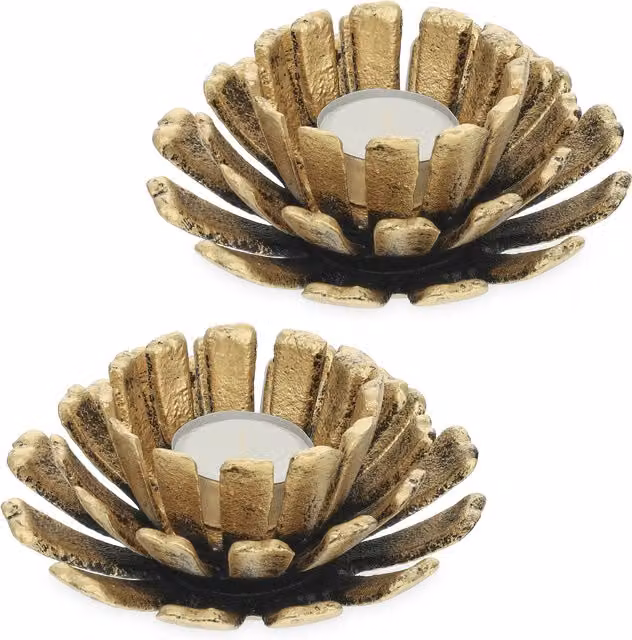 Set de 2 portavelas de hierro fundido con forma de flor Relaxdays, color dorado, para tealight, An/P/Al: 13,5 x 13,5 x 6 cm
