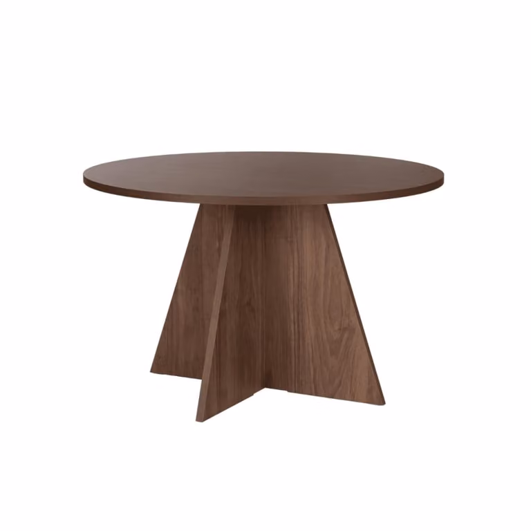 Mesa de comedor redonda Calicosy en color nogal con base de columna central, An/P/Al: 120 x 120 x 75 cm