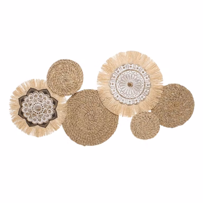 Decoración de pared mandala de fibra natural NIYLO en colores marrón y beige, estilo boho y diseño geométrico, An/Al/P: 127 x 66 x 7 cm