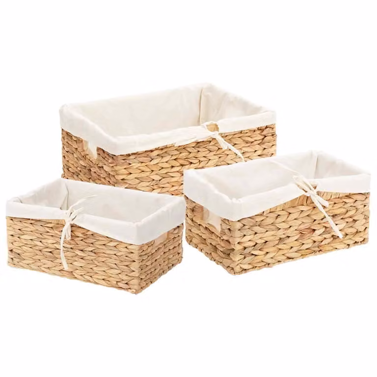 Set de 3 cestas de almacenamiento de jacinto de agua vidaXL en color beige y marrón con asas, An/P/Al: 40 x 30 x 18 cm