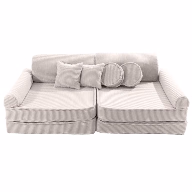 Sofá de juego modular MeowBaby para niños en tejido de pana beige y blanco con fundas extraíbles y cojines incluidos de 160 x 200 cm