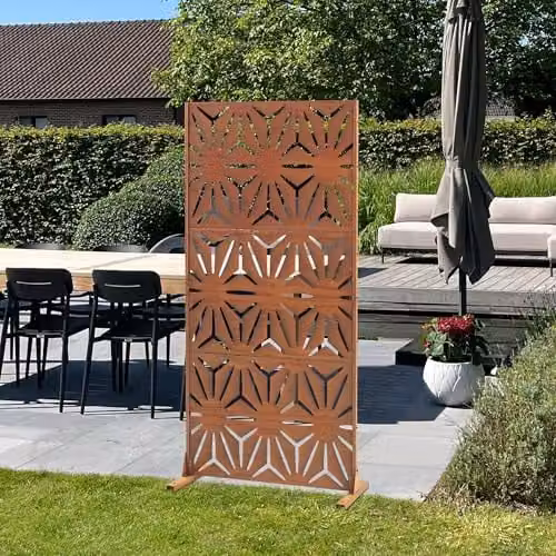 Separador de ambientes casa.pro Kilsturd diseño Sol, biombo de acero corten para exterior e interior, color marrón óxido, Al x An x P: 180 x 90 x 40 cm