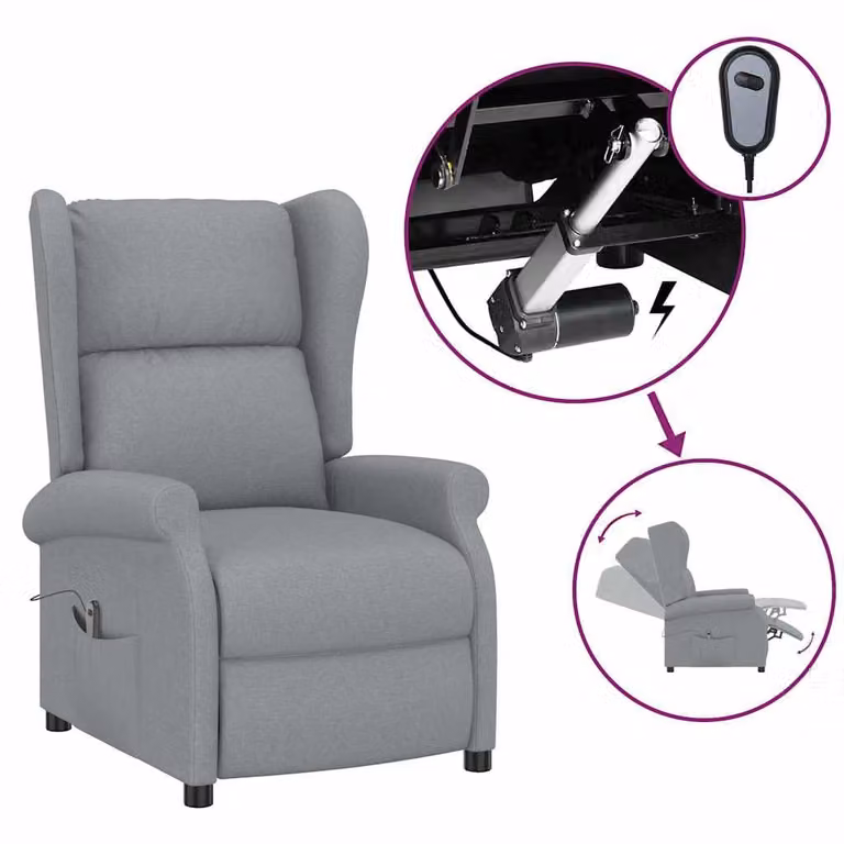 Sillón orejero reclinable eléctrico vidaXL en tela gris claro con estructura de madera y metal para salón
