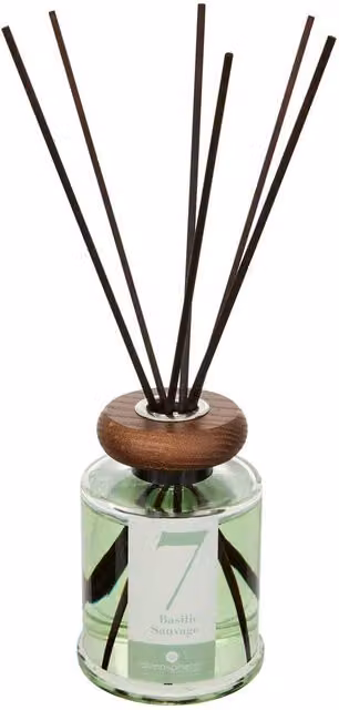 Difusor de fragancia de varillas Numia Basil Sauvage de Atmosphera en color verde y transparente con base de madera y cristal