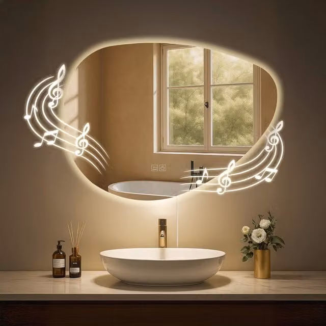 Espejo de baño ovalado Almafie con iluminación LED 360° regulable, función antivaho, Bluetooth y acabado en blanco