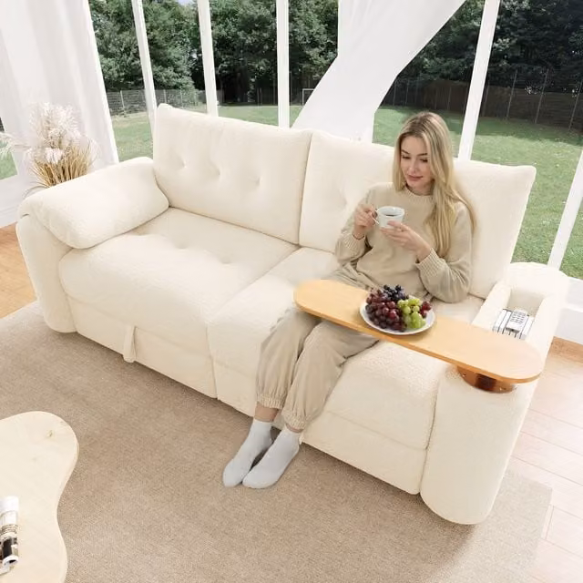 Sofá Cama de 3 Plazas Kellany en Tejido Boucle Beige y Blanco con Reposacabezas Ajustable y Otomana Incluida