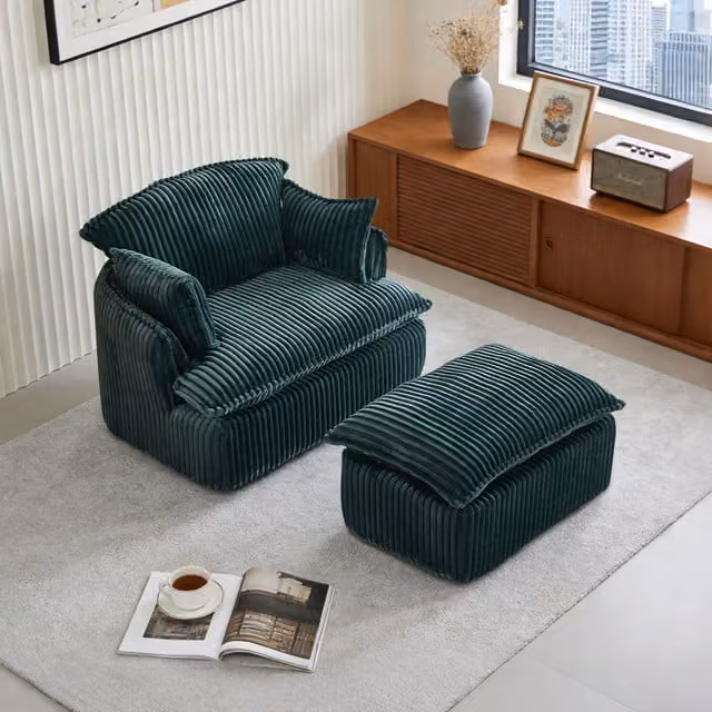 Sillón Tub con Otomana MODFU en Tejido de Pana Verde, Diseño Moderno para Salón o Dormitorio, An/P/Al: 115 x 89 x 77 cm