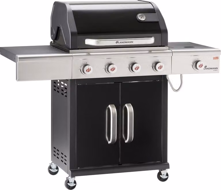 Barbacoa de gas Landmann Triton 4.1 con carro en color negro y acabados en acero inoxidable para 15 personas