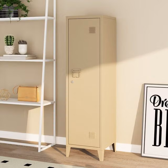 Casillero metálico Kurikka de en.casa con 3 compartimientos y puertas batientes, color beige, Al: 137 cm, An: 38 cm, P: 38 cm