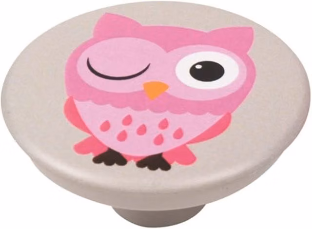 Pomo de cajón Nesu con diseño de búho serigrafiado en plástico rosa mate