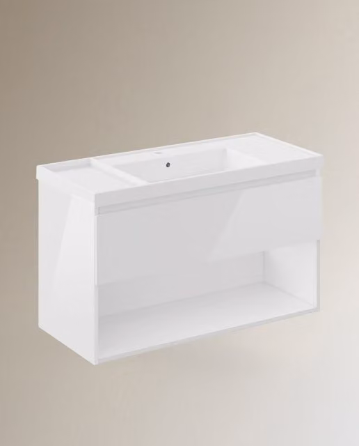 Mueble de baño suspendido Cosmic de BBest con lavabo de porcelana, 1 cajón y estante abierto, acabado lacado blanco